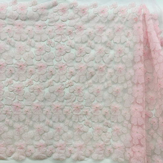 1 Yard Beaded 3D Floral Lace Fabric Embroidered 100 Percent Polyester Net Mesh 52 inch Width