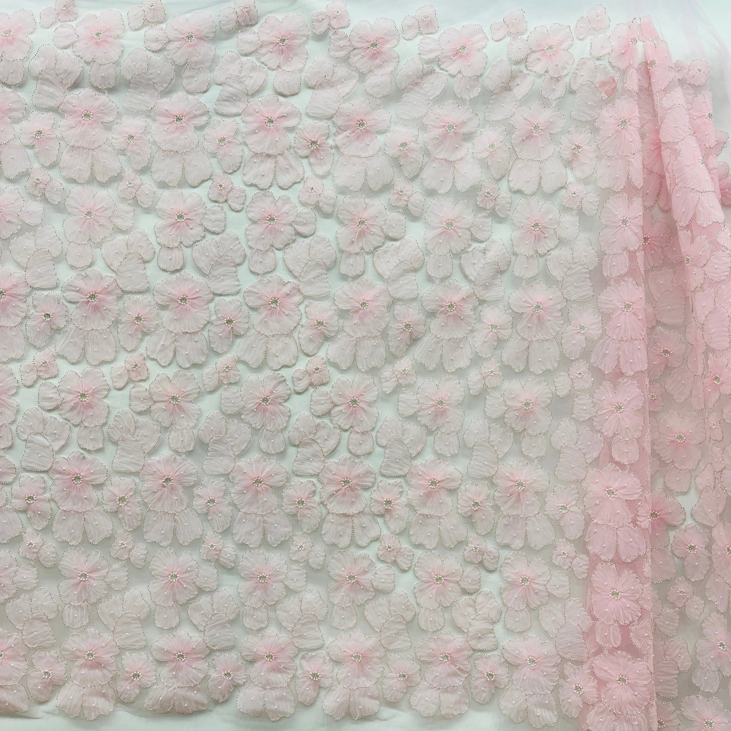 Beaded 3D Floral Lace Fabric - 3D Floral Embroidered Net Mesh, 52" Wide (1 Yard)