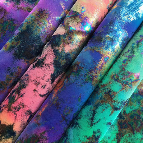Funky Clouds Nylon Spandex Fabric - Distressed Iridescent Tie-Dye Print, 56" Width, 4-Way Stretch (1 Yard)