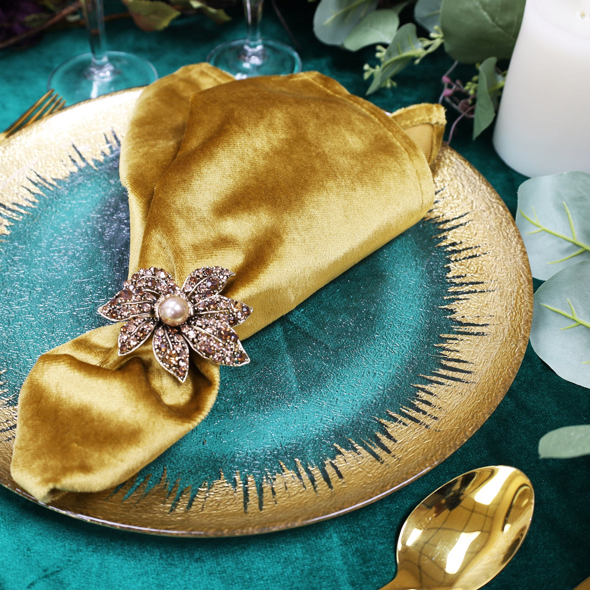 Glass Charger Plate 13" Clear Gold Foil Brushed Leaf Rim