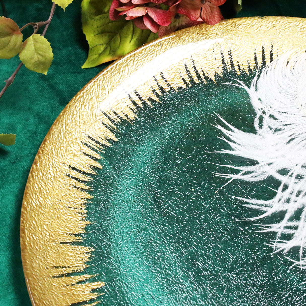 Glass Charger Plate 13" Clear Gold Foil Brushed Leaf Rim