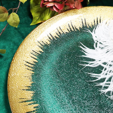 Glass Charger Plate 13" Clear Gold Foil Brushed Leaf Rim
