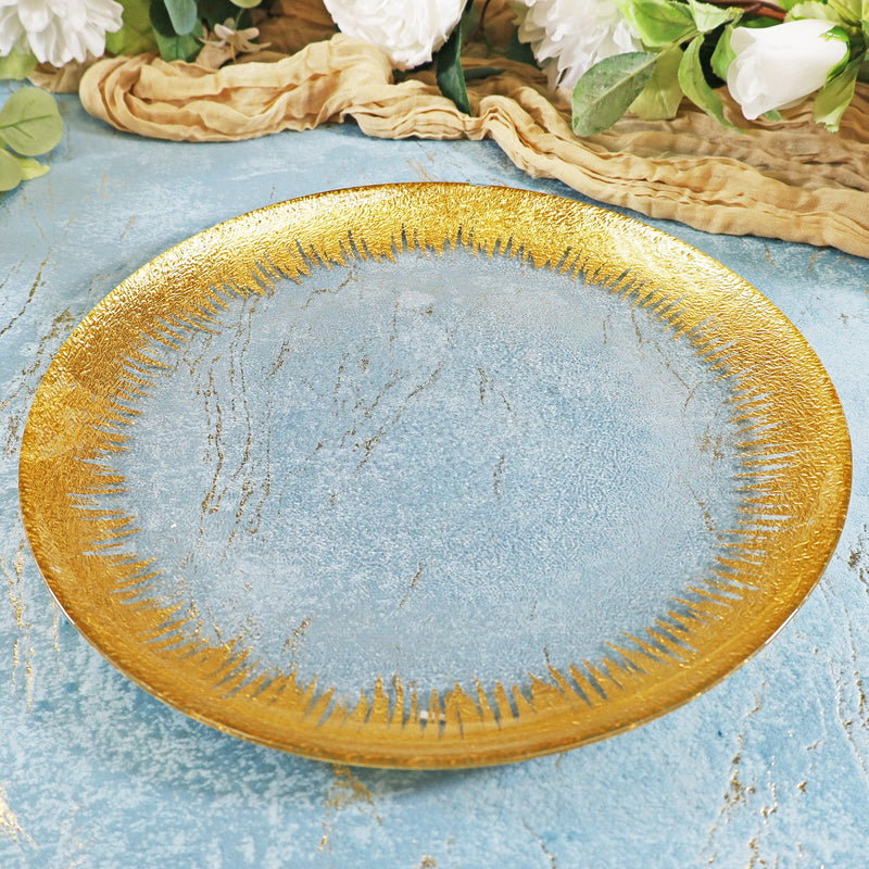 Glass Charger Plate 13" Clear Gold Foil Brushed Leaf Rim