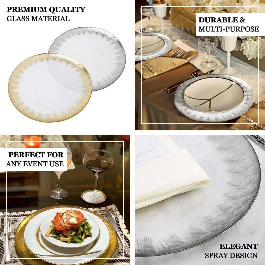 Glass Charger Plate 13" Clear Gold Foil Brushed Leaf Rim
