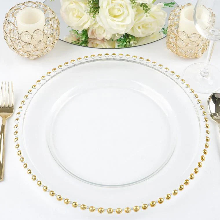 Glass Charger Plate 13 Inch Clear Gold Beaded