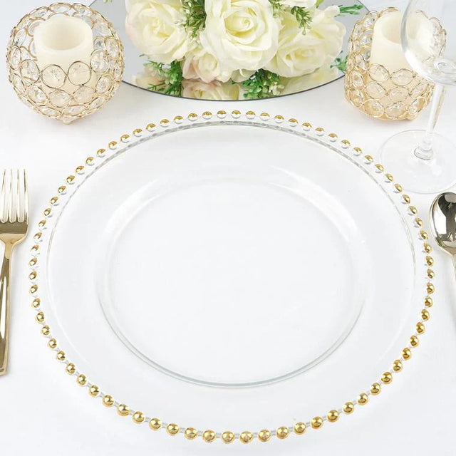 Glass Charger Plate 13 Inch Clear Gold Beaded