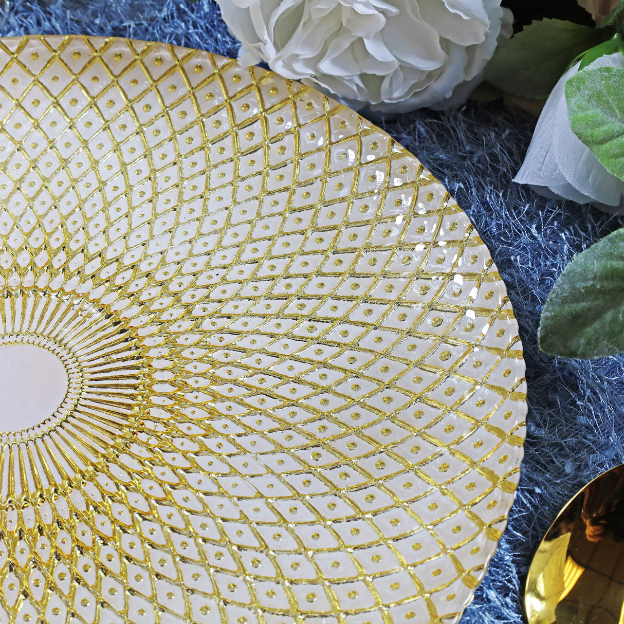 Glass Charger Plate 13" Gold Radiant Peacock Tail