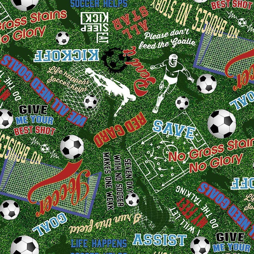 Cotton Print Green Soccer Words on Grass Fabric 44/45"