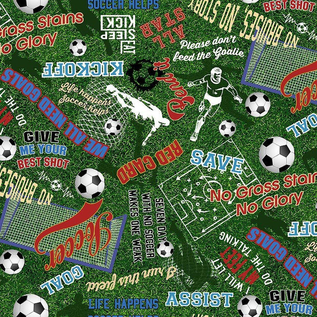 Cotton Print Green Soccer Words on Grass Fabric 44/45"