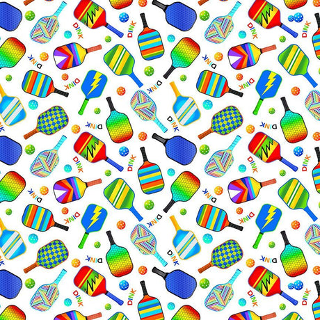 Cotton Print White Pickleball Paddle Fabric 44/45"