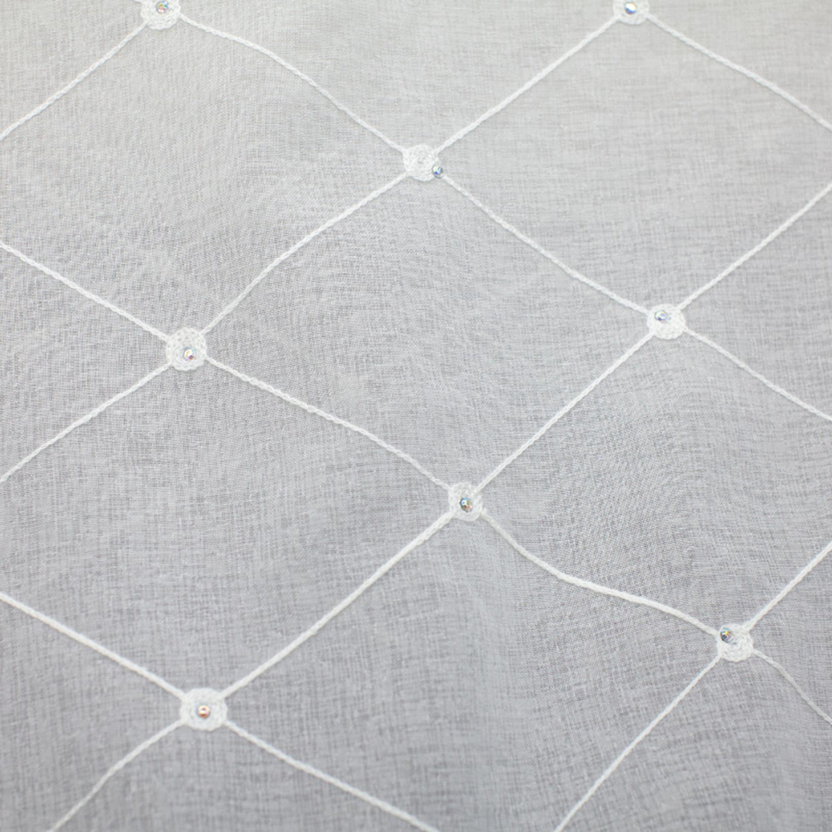 Gallery Fabric Embroidered Diamond Rhinestone Sheer Fabric - White, Cream, Diamond Embroidery, 110" Width (1 Yard)