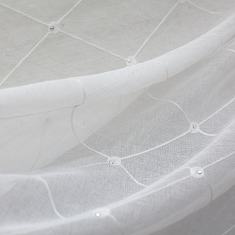 Gallery Fabric Embroidered Diamond Rhinestone Sheer Fabric - White, Cream, Diamond Embroidery, 110" Width (1 Yard)
