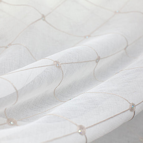 Gallery Fabric Embroidered Diamond Rhinestone Sheer Fabric - White, Cream, Diamond Embroidery, 110" Width (1 Yard)