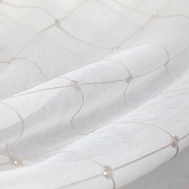 Gallery Fabric Embroidered Diamond Rhinestone Sheer Fabric - White, Cream, Diamond Embroidery, 110" Width (1 Yard)