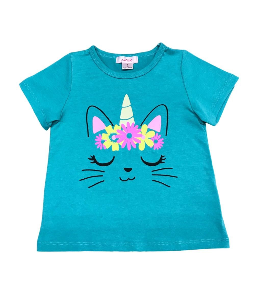 Unik Caticorn Print Tee - Girls Cotton Top, Caticorn Print, Teal/White/Yellow (Sizes 2-12)