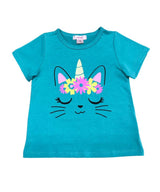 Unik Caticorn Print Tee - Girls Cotton Top, Caticorn Print, Teal/White/Yellow (Sizes 2-12)