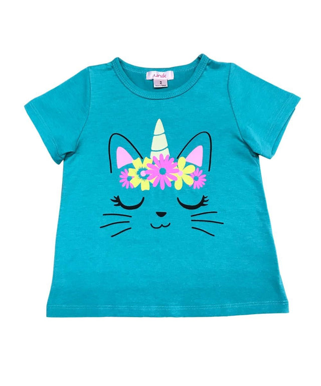 Unik Caticorn Print Tee - Girls Cotton Top, Caticorn Print, Teal/White/Yellow (Sizes 2-12)