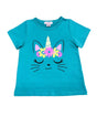 Unik Caticorn Print Tee - Girls Cotton Top, Caticorn Print, Teal/White/Yellow (Sizes 2-12)