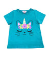 Unik Caticorn Print Tee - Girls Cotton Top, Caticorn Print, Teal/White/Yellow (Sizes 2-12)