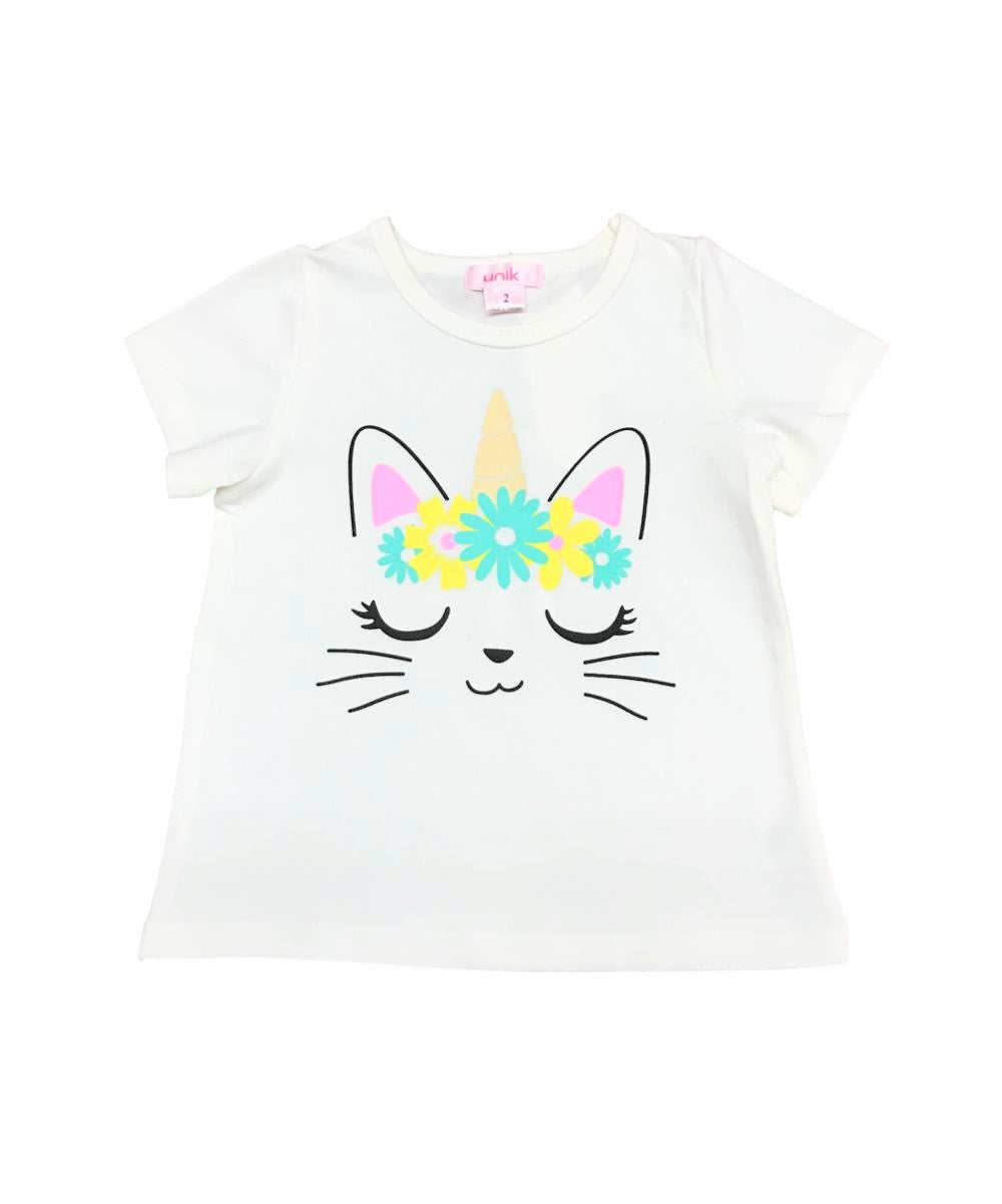 Unik Caticorn Print Tee - Girls Cotton Top, Caticorn Print, Teal/White/Yellow (Sizes 2-12)