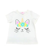 Unik Caticorn Print Tee - Girls Cotton Top, Caticorn Print, Teal/White/Yellow (Sizes 2-12)