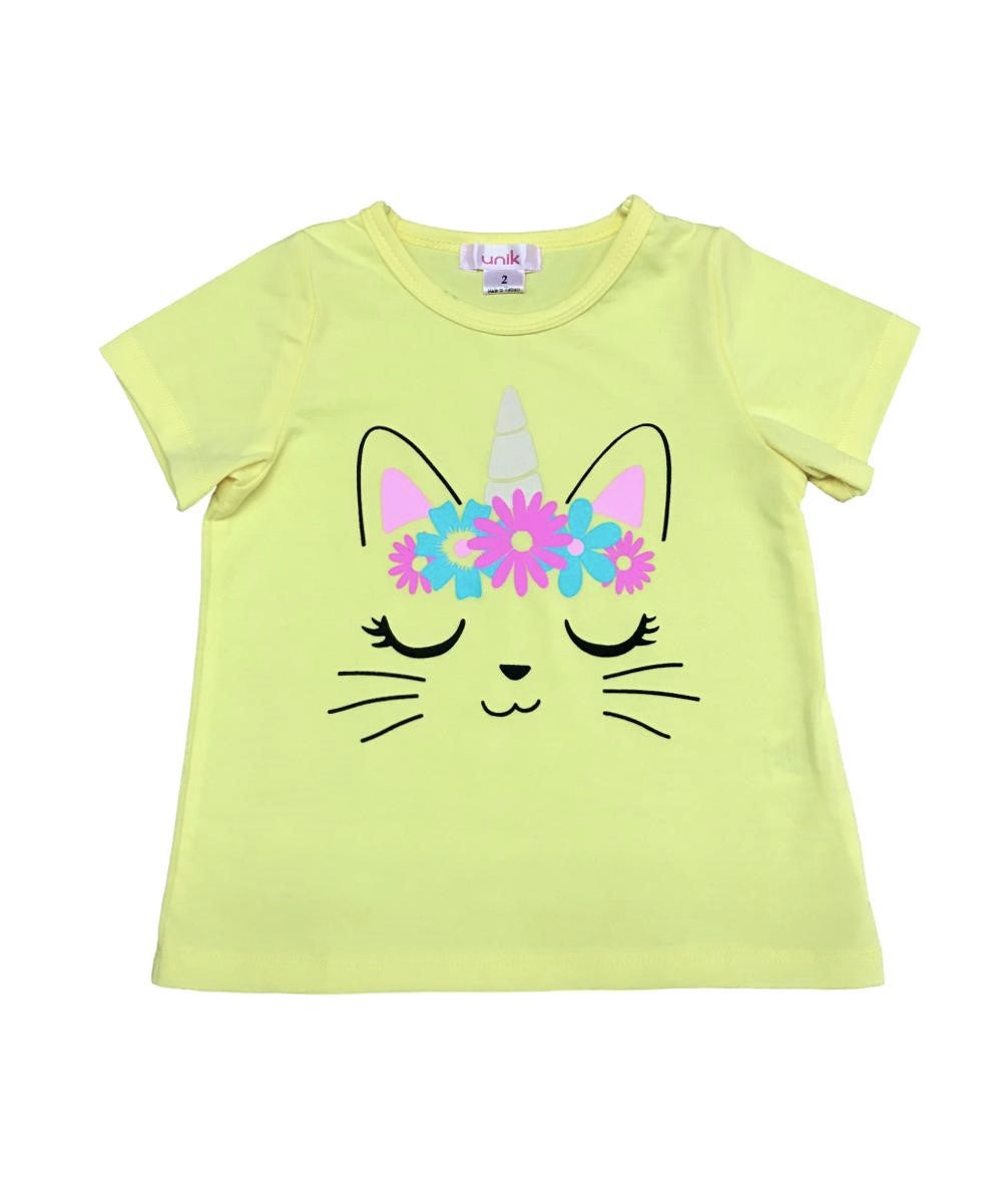 Unik Caticorn Print Tee - Girls Cotton Top, Caticorn Print, Teal/White/Yellow (Sizes 2-12)