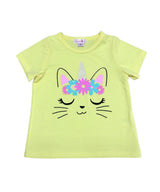 Unik Caticorn Print Tee - Girls Cotton Top, Caticorn Print, Teal/White/Yellow (Sizes 2-12)
