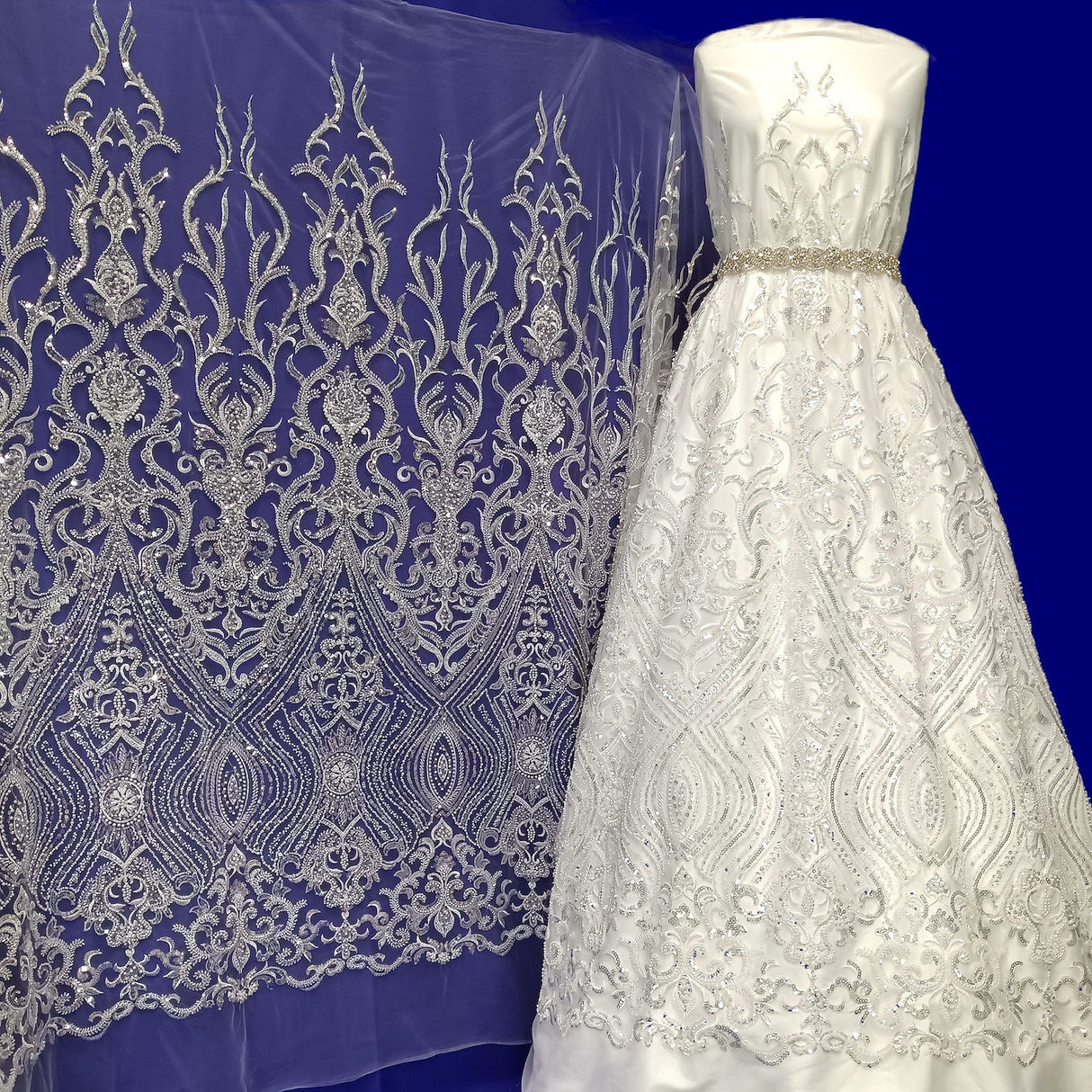 Beaded Lace Fabric on Polyester Net Mesh 52"