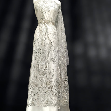 Beaded Lace Fabric on Polyester Net Mesh 51"