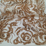 Beaded Sequined Lace Fabric Rose Gold