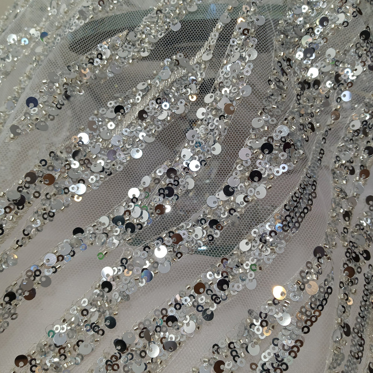Beaded Sequined Lace Fabric on Polyester Net Mesh 53"