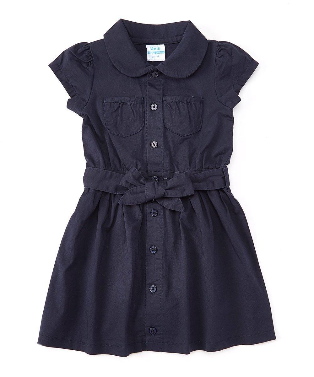 Girl Safari Uniform Dress - Girls Uniform Dress, Navy/Khaki, Button Closure, Removable Belt, Sizes 4-12