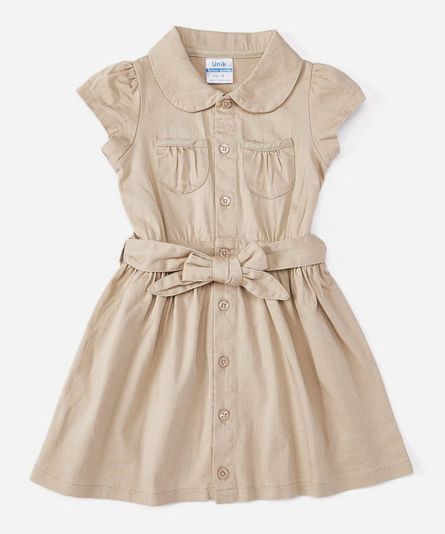 Girl Safari Uniform Dress - Girls Uniform Fabric, Khaki/Navy, Button Closure, Removable Belt, Sizes 4-12