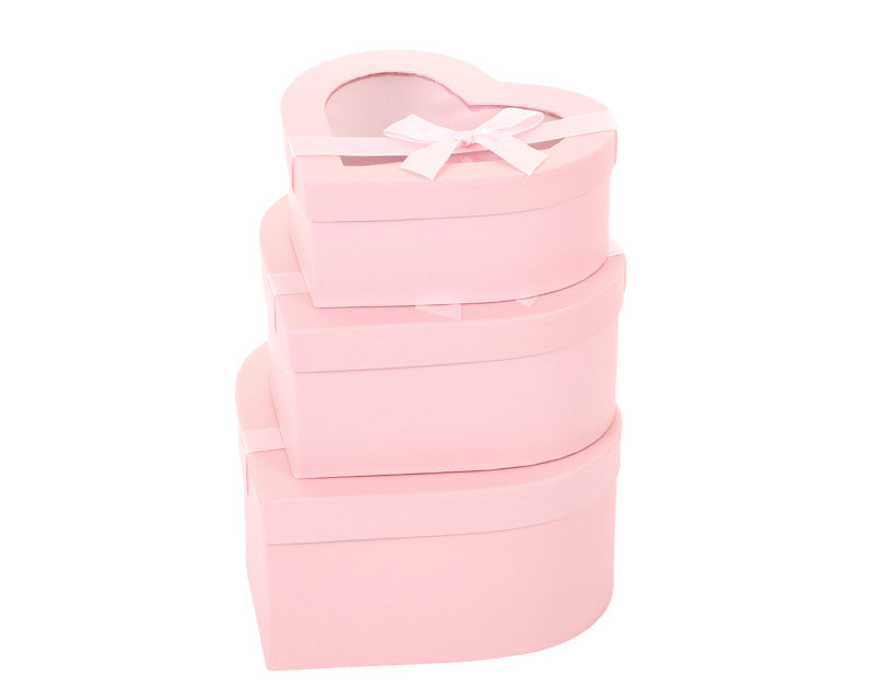 Pink Heart Shaped Nested Floral Cardboard Boxes with Plastic Window- Set of 3