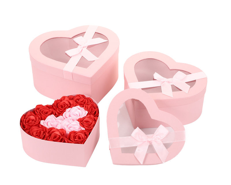 Pink Heart Shaped Nested Floral Cardboard Boxes with Plastic Window- Set of 3