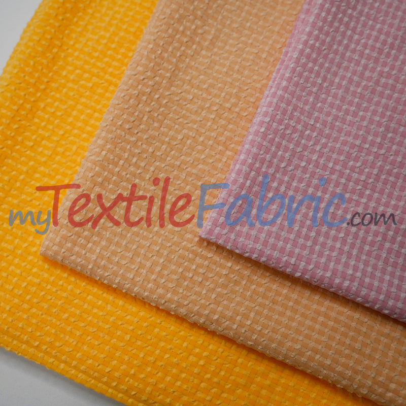 Gingham Seersucker 100 Percent Polyester Fabric - Yellow, Apricot, Pink Gingham Pattern, 57/59" Width (1 Yard)
