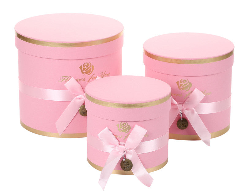 Pink Round Nested Floral Cardboard Boxes with Bow - Set of 3