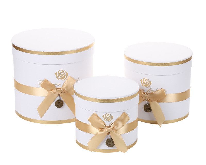 White Round Nested Floral Cardboard Boxes with Bow - Set of 3