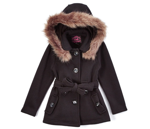 Girl Fleece Coat With Hood 100 Percent Polyester Fabric - Fur Hood, Detachable Belt, Black, Rose, Honey, Grey, Navy, Burgundy, Red, Fushia, Sizes 2-XL (1 Piece)