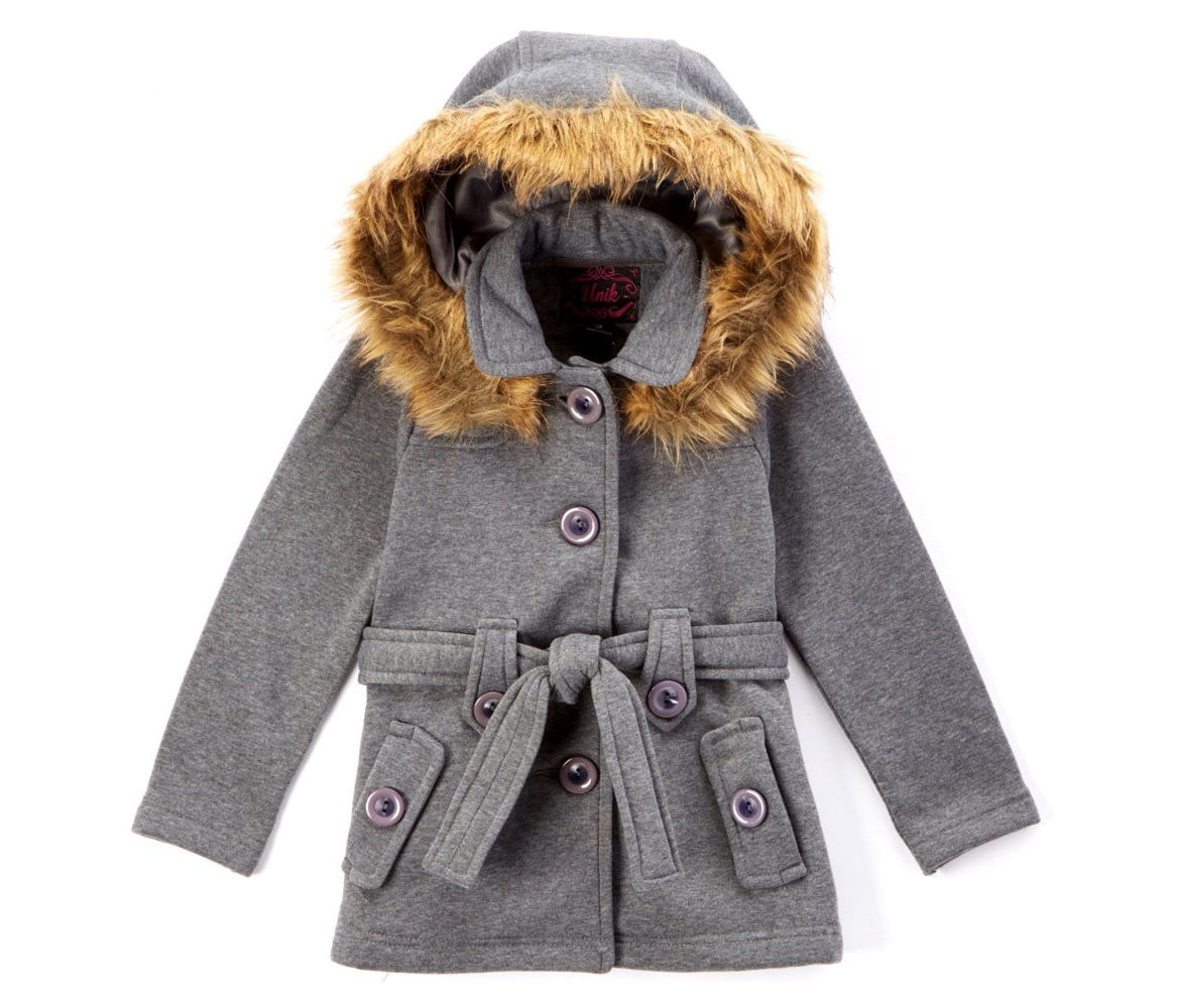 Girl Fleece Coat With Hood 100 Percent Polyester Fabric - Fur Hood, Detachable Belt, Black, Rose, Honey, Grey, Navy, Burgundy, Red, Fushia, Sizes 2-XL (1 Piece)