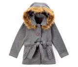 Girl Fleece Coat With Hood 100 Percent Polyester Fabric - Fur Hood, Detachable Belt, Black, Rose, Honey, Grey, Navy, Burgundy, Red, Fushia, Sizes 2-XL (1 Piece)