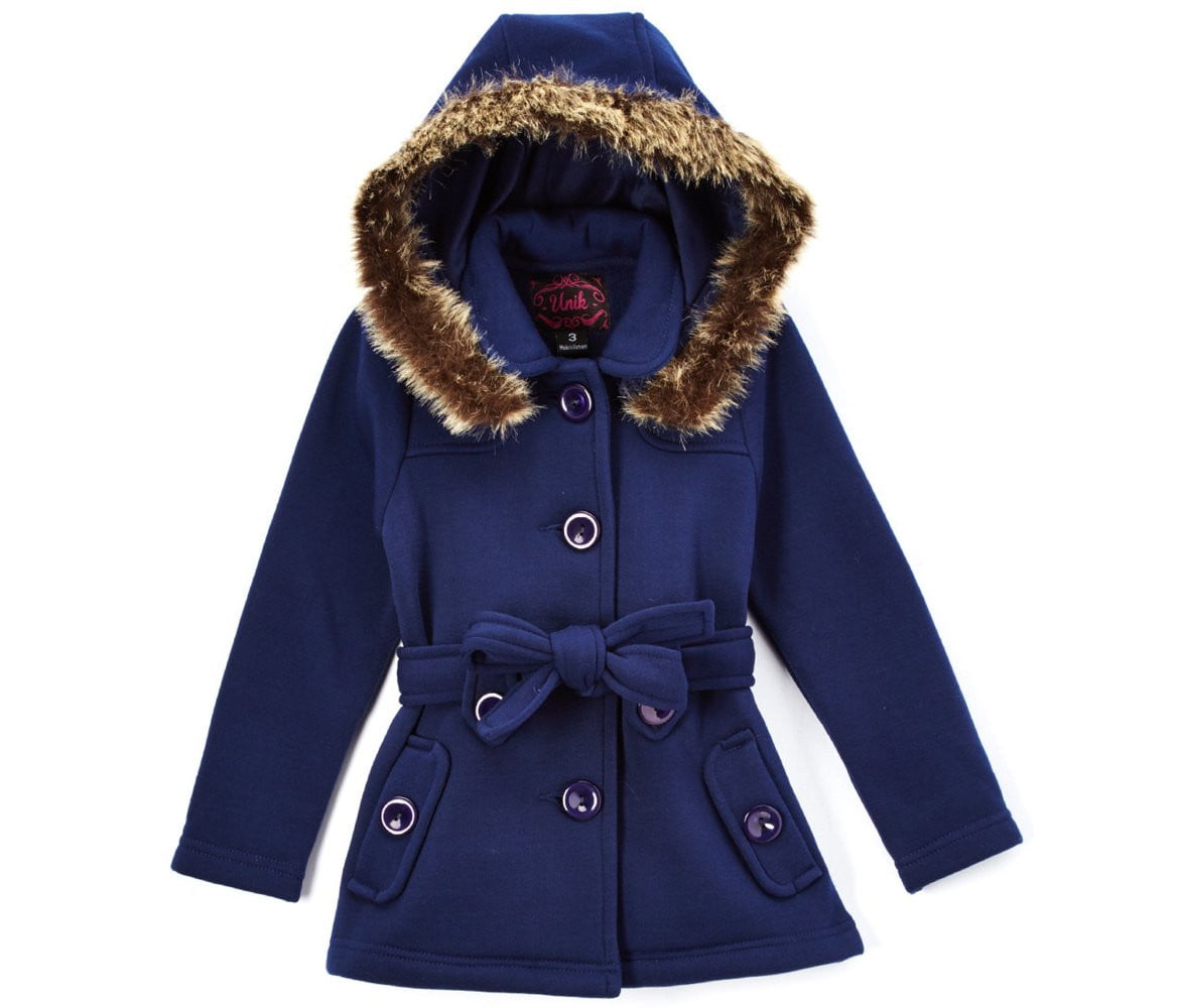 Girl Fleece Coat With Hood 100 Percent Polyester Fabric - Fur Hood, Detachable Belt, Black, Rose, Honey, Grey, Navy, Burgundy, Red, Fushia, Sizes 2-XL (1 Piece)