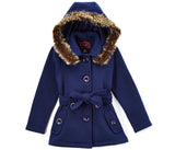 Girl Fleece Coat With Hood 100 Percent Polyester Fabric - Fur Hood, Detachable Belt, Black, Rose, Honey, Grey, Navy, Burgundy, Red, Fushia, Sizes 2-XL (1 Piece)