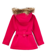 Girl Fleece Coat With Hood 100 Percent Polyester Fabric - Fur Hood, Detachable Belt, Black, Rose, Honey, Grey, Navy, Burgundy, Red, Fushia, Sizes 2-XL (1 Piece)