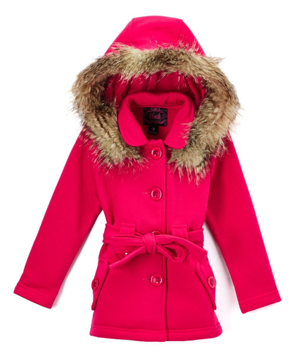 Girl Fleece Coat With Hood 100 Percent Polyester Fabric - Fur Hood, Detachable Belt, Black, Rose, Honey, Grey, Navy, Burgundy, Red, Fushia, Sizes 2-XL (1 Piece)