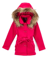 Girl Fleece Coat With Hood 100 Percent Polyester Fabric - Fur Hood, Detachable Belt, Black, Rose, Honey, Grey, Navy, Burgundy, Red, Fushia, Sizes 2-XL (1 Piece)