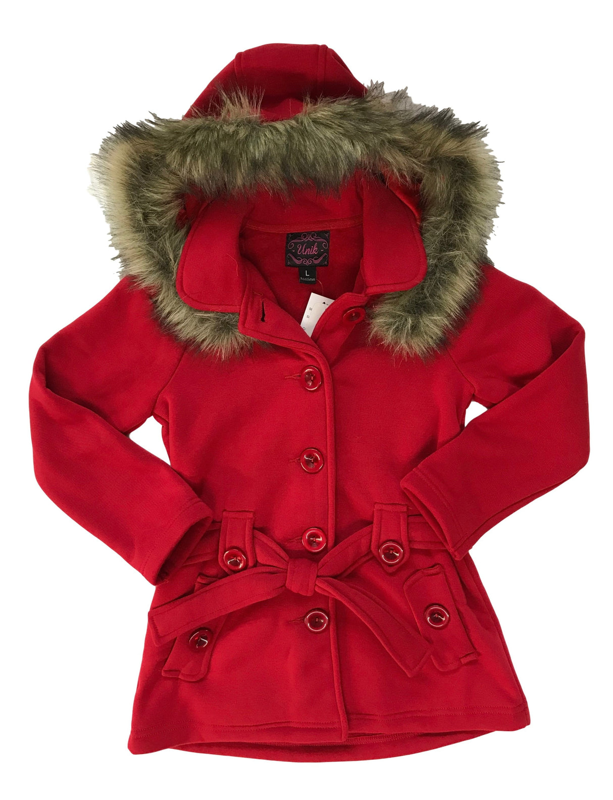 Girl Fleece Coat With Hood 100 Percent Polyester Fabric - Fur Hood, Detachable Belt, Black, Rose, Honey, Grey, Navy, Burgundy, Red, Fushia, Sizes 2-XL (1 Piece)