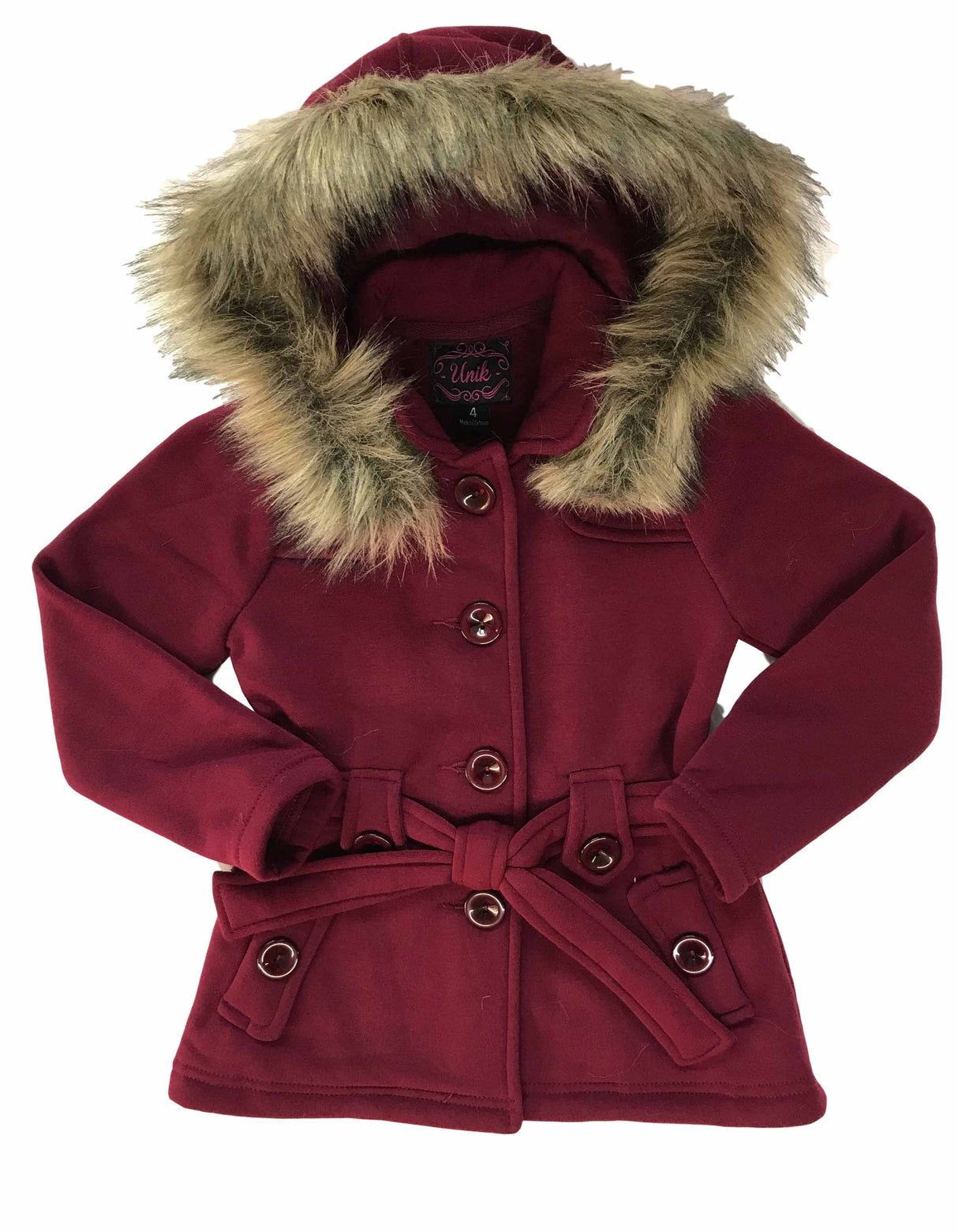 Girl Fleece Coat With Hood 100 Percent Polyester Fabric - Fur Hood, Detachable Belt, Black, Rose, Honey, Grey, Navy, Burgundy, Red, Fushia, Sizes 2-XL (1 Piece)