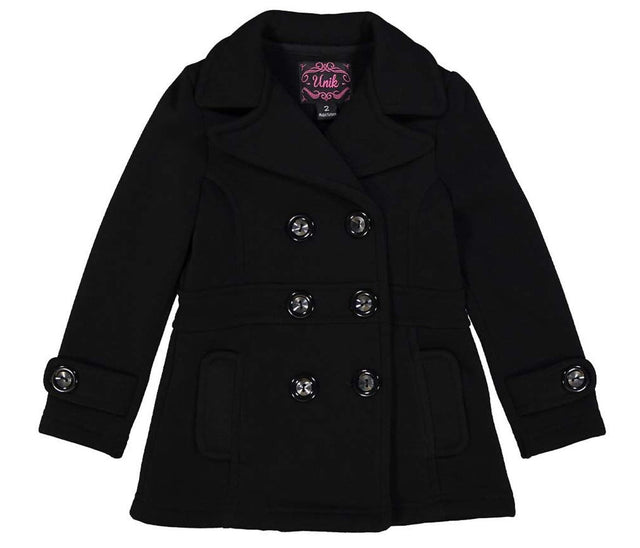 Girl's Black Fleece Coat With Buttons Fleece Fabric - Black, Double Breasted, Side Pockets (1 Piece)