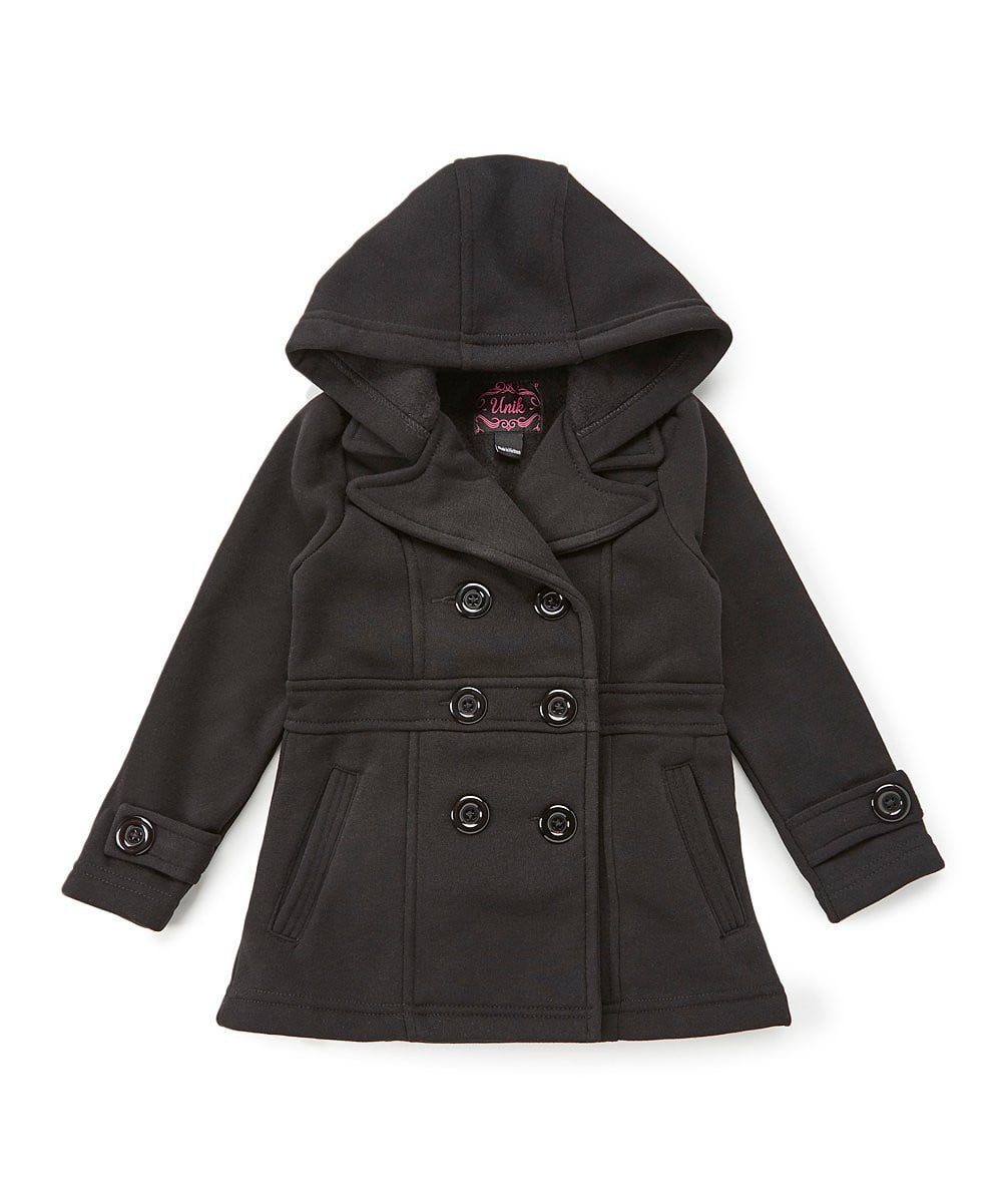 Girl Fleece Coat With Hood Fleece Fabric - Burgundy, Black, Navy, Red, Grey, Fushia, Hooded, Button Closure, Side Pockets (1 Piece)